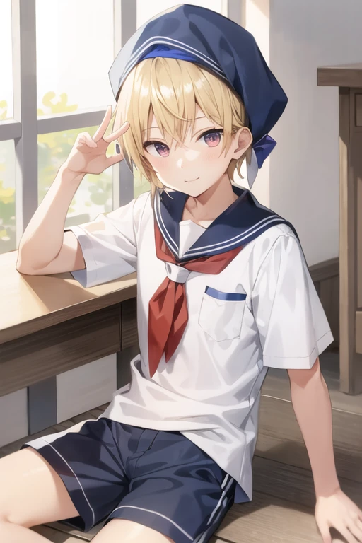 male　male性　Shota　Blonde　Rainbow Eyes　Slender　smile　White shirt　school uniform　Navy blue shorts　In town　male二人　Red Bandana