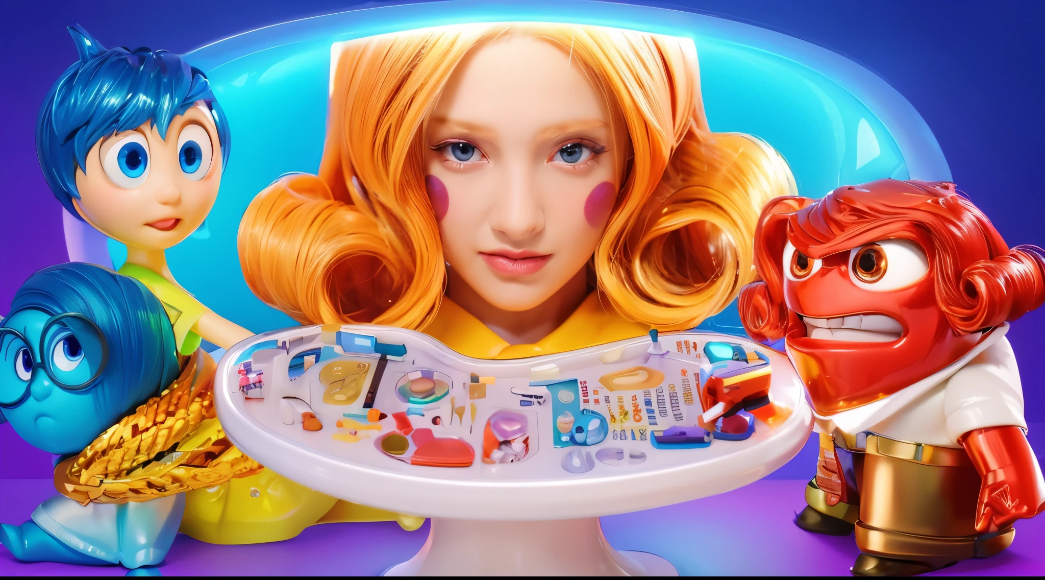3d render, glossy texture, smooth 3d model, multiple light sources, rim light, sharp post effects render, (glossy plastic texture with multiple big light probe refractions), perfect cgi, smooth silhouette, high intensity refraction, (super glossy material), most beautiful vfx , blue background, plastic refractions, realistic, 4k, high resolution, rim light, photo shoot, commercial photo, profile shot, 4k, rim light, high resolution, 4k, glossy texture, smooth 3d model, multiple light sources, rim light, sharp post effects render, (glossy metallic texture with multiple big light probe refractions), perfect cgi, cgi art created only with gradients, smooth silhouette, high intensity refraction, (super glossy chrome material), most beautiful vfx, blue background, chrome metal refractions, multiple light sources, rim light, sharp post effects render, perfect cgi, digital art, detailed digital art, reflective, best quality, 4k, masterpiece:1.2, ultra-detailed, realistic, vivid colors, dark and moody lighting, The image of the highest quality, ensuring every detail is showcased perfectly. It in 4k resolution, allowing viewers to immerse themselves in the richness of the colors and intricate details. The realistic rendering. under the spotlight, reflecting, high-resolution image, realistic rendering, dark background, and rim light photorealistic The image features three characters standing in front of three houses. The characters are a red-haired mermaid, a purple cat, and an orange dog. They are each holding a yellow maraca