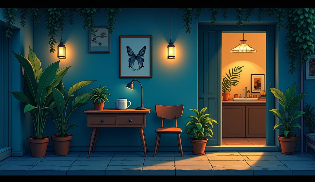 LOFI,night、record、indirect lighting、JAZZ、Anime Style、Latte Art、Foliage plant