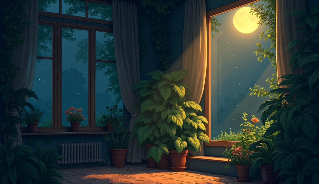 LOFI,night、record、indirect lighting、JAZZ、Anime Style、Latte Art、Foliage plant