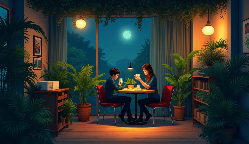 LOFI,night、record、indirect lighting、JAZZ、Anime Style、Latte Art、Foliage plant