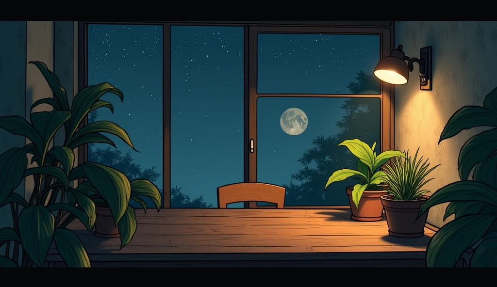 LOFI,night、record、indirect lighting、JAZZ、Anime Style、Latte Art、Foliage plant