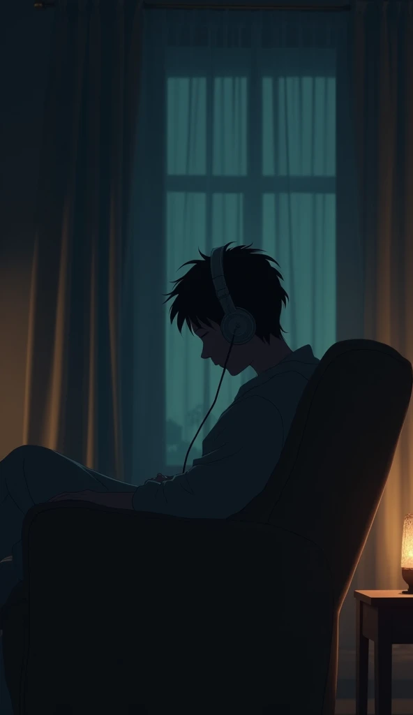 night、Listen to music in a cozy room, Using headphones, Ghibli styleアニメ, Lo-Fi, High resolution, Dark Environment、Ghibli style
