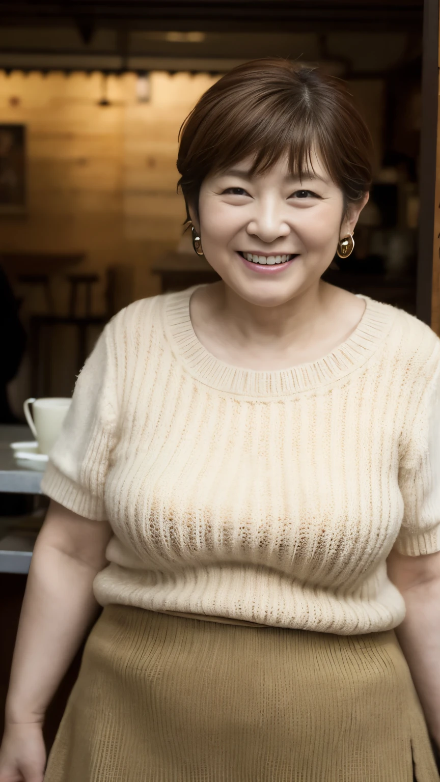 Osaka's aunt、Organic Photography、Highest quality、masterpiece、Ultra-high resolution、Beautiful Japanese old lady、60 years old、Looking at the audience、Elegant face、Smiling with teeth showing、Big Breasts、Wearing a plain short-sleeved knit、Short Hair、mini skirt、Earrings、A corner of a coffee shop, Background Blur