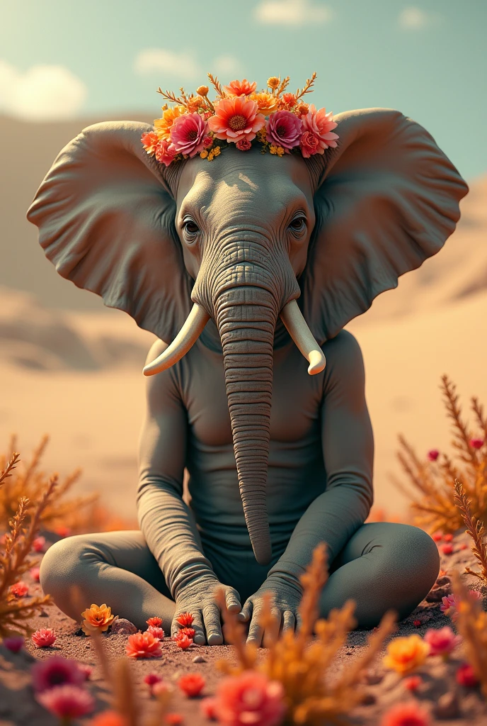 Elephant head, flowers ground ,flowers crown warm Touch Desert sun mystic feeling