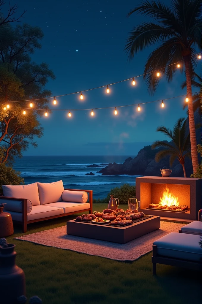 A beautiful backyard at night with sofa barbecue meat sea view