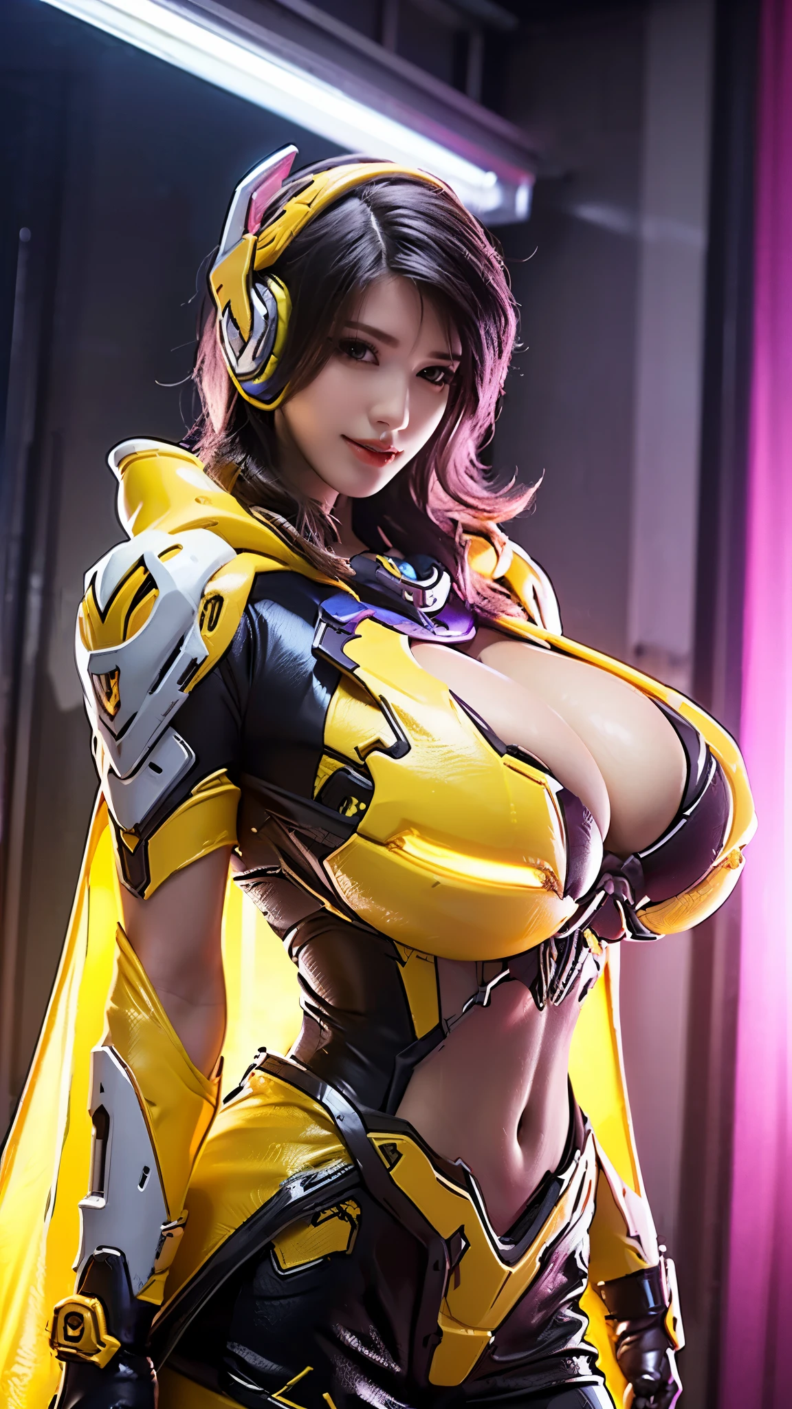 JAV nagi_hikaru, CLOSE UP UPPER BODY,solo, COWBOY SHOT PORTRAIT, ((E-SPORT HEADPHONE, WAVY BLODE HAIR:1.4)), (GIGANTIC FAKE BREASTS, SQUEEZE CLEAVAGE TOP, 11 LINE ABS:1.5), (TIGHT YELLOW FUTURISTIC MECHA SKIMPY SUIT OVERWATCH, MINI SKIRT, ROYAL LONG CAPE:1.5), (MUSCULAR BODY SHAPE:1.5), (CLEAN GLOSSY BODYSKIN:1.5), (LOOKING AT VIEWER:1.6), (BACKGROUND FUTURISTIC SPACE STATION:1), (Photorealsitic:1.5), (Ultra-detail), (TOP-QUALITY), (BEST SHADOWS), BRIGHT LIGHT IN ROOM, HYPER TEXTURE, (4X MSAA), ((UNREAL ENGINE 5 RENDER)), (NEON), PHYSICALLY-BASED RENDERING, ULTRA HIGHT DEFINITION, 16K, 1080P.