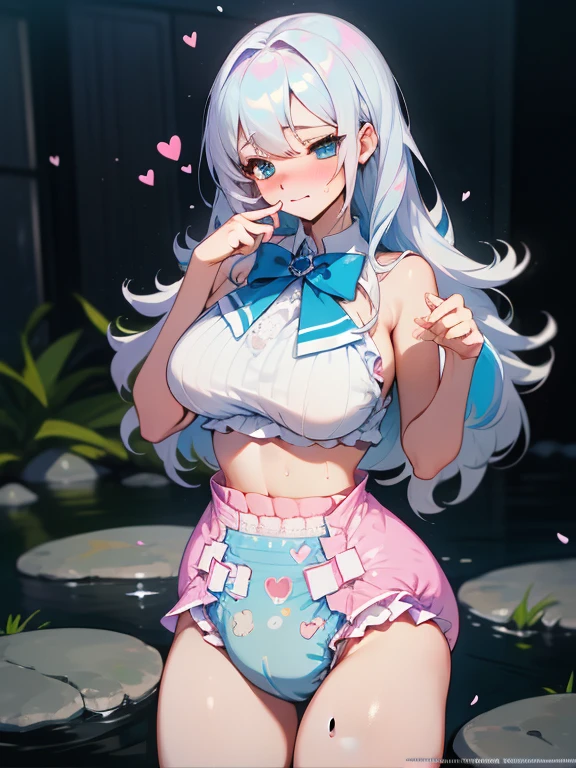 furina, Wet, soaking, (Best quality,4K,8K,A high resolution,tmasterpiece:1.2),ultra - detailed,(actual,realistically,realistically:1.37), White hair, huge booolossal title blue eyes, White lace nightdress，in pink，dampness，Sitting on a rock by the lake，facing at the camera， water dripping, glistning skin，Covered in sweat，There is an unknown  on the body，Happy smile, legs slightly open, moderate breast, school uniform,wearing a big bulbous puffy diaper, heart emojis, bedroom, fishnet stockings, pretty eyes, seductive, flirty, colorful, puffy dress,  room, diapers, confetti, cake,Big 