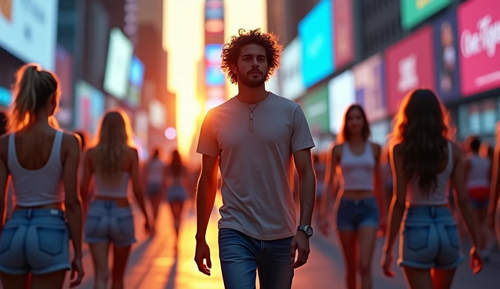 Create an image of a handsome man walking confidently on a busy street in Times Square, USA. The man has curly hair and is casually dressed in jeans and a t-shirt. The scene is set outdoors during an sunset, with soft lighting casting a warm glow over the surroundings. The man walks with a relaxed yet purposeful stride, with intricate details visible in his clothing and hair.

The background should be vibrant, focusing on a blue color palette featuring neon signs and billboards. The street is crowded with numerous young women wearing sleeveless t-shirts and shorts, casually wandering around the man. The image should highlight the bustling, energetic atmosphere of Times Square, with the man as the central focal point. The overall scene should be realistic, showcasing intricate details and vibrant colors, with a clear emphasis on the contrast between the cool blue tones of the city and the warm orange hues of the sunset. Ensure there are many girls in the scene, all wearing shorts and sleeveless t-shirts, adding to the lively, crowded setting.”Left and right and front back full of girls. Highlight every thing in the given prompt.