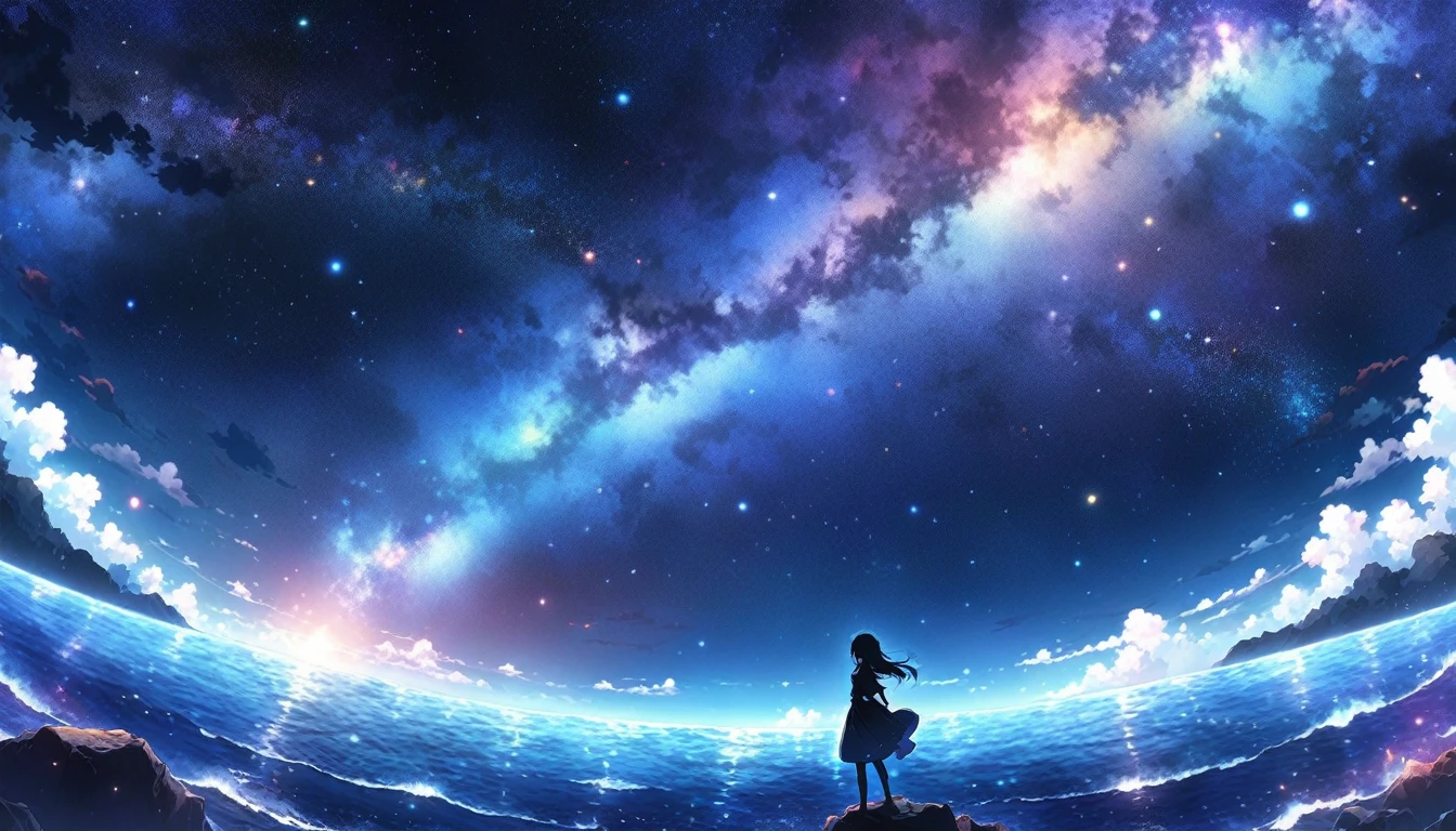 Starry Sky，big，Ocean swell，The background is an infinite universe，Space Sky。Starry Sky8K，quiet night，Anime Background Art， 4k anime wallpaper， Starry Skyの光， 月明かりの下でのStarry Skyの環境