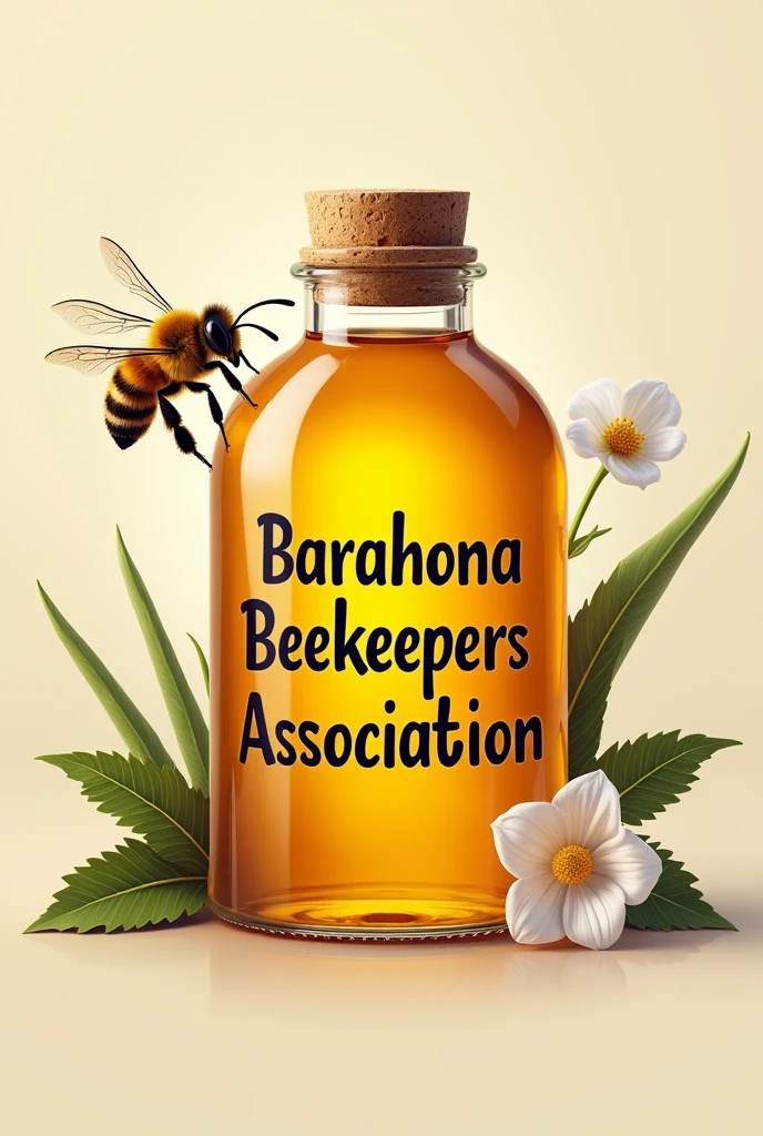 Generate me a Honey tag, that can be seen from the front on a 2d plane, that puts Barahona, and also Beekeepers Association, that carries a bee and a white bayahive flower, with a small Dominican flag. square and that the images are realistic