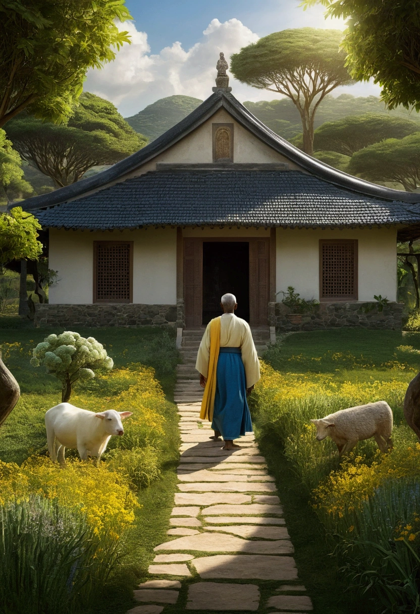 Create a cinematic scene that captures the essence of the verse "Surely goodness and mercy will follow me every day of my life; e habitarei na The Lord's house por longos dias". The image should show a beautiful pastoral landscape, where a path of wildflowers leads to an imposing country house, symbolizing the "The Lord's house". The sunlight should shine gently through white clouds, creating a welcoming and serene environment.
In the foreground, a central figure, a man or woman of serene appearance, walking calmly along the path, with a look of peace and gratitude. Around her, subtle representations of kindness and mercy can be seen: some children playing, an elderly person being helped by a young person, and animals in harmony. Ao fundo, the house is surrounded by fruit trees, symbolizing thebundância e vida.
The scene should convey a sense of hope, Love and protection, reflecting the message that kindness and mercy are always present throughout life's journey. The color palette should be soft, com tons de verde, blue and gold, evoking a feeling of tranquility and spirituality.