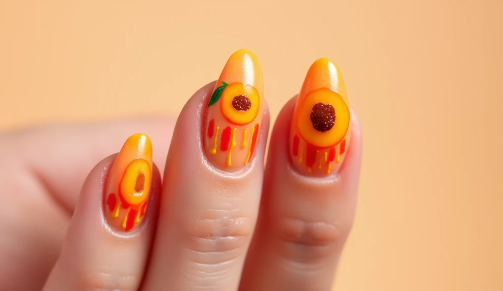 **Apricot Drip Nail Art:** Inspired by the juiciness of ripe apricots, this design features apricot slices at the tips of the nails with dripping juice patterns flowing down towards the base. The drips are in warm shades of orange and golden yellow, blending into a pale apricot-colored background. The background itself has subtle shading to mimic the soft, velvety texture of an apricot, giving the nails a juicy, mouthwatering look.