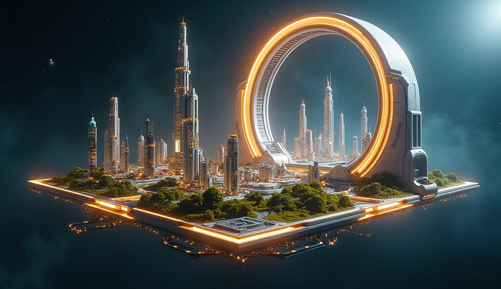 big futuristic scifi city on space cube station, above on the black space, yellow futuristic city, hologram, LED lighting on scifi arc building, green plant on building of city, 8K, full HD, 3d render, Unreal Engine, Octance Render