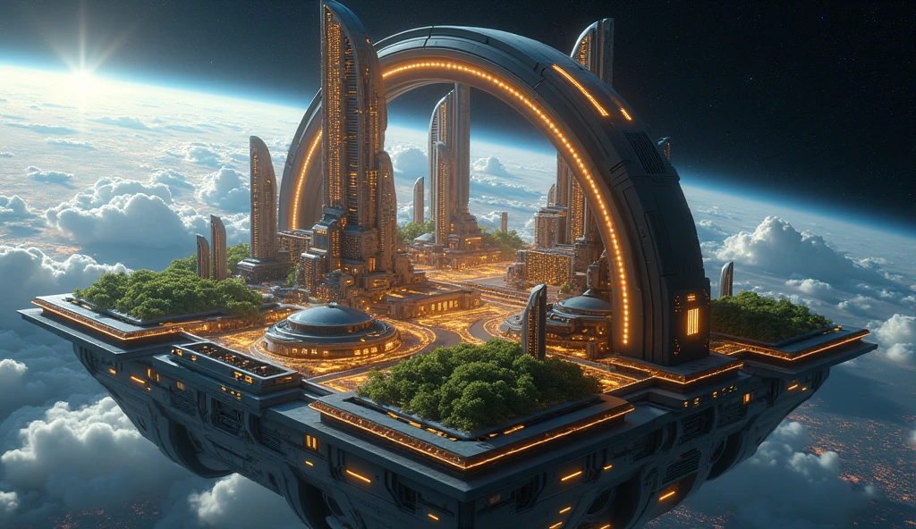 big futuristic scifi city on space cube station, above on the black space, yellow futuristic city, hologram, LED lighting on scifi arc building, green plant on building of city, 8K, full HD, 3d render, Unreal Engine, Octance Render