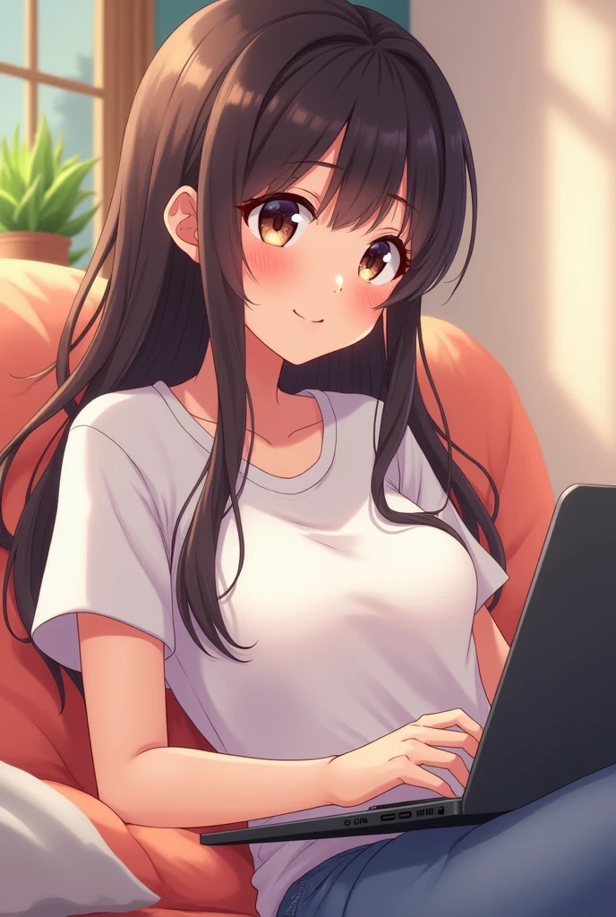 anime girl using a white t-shirt, smiling and sitting with a laptop