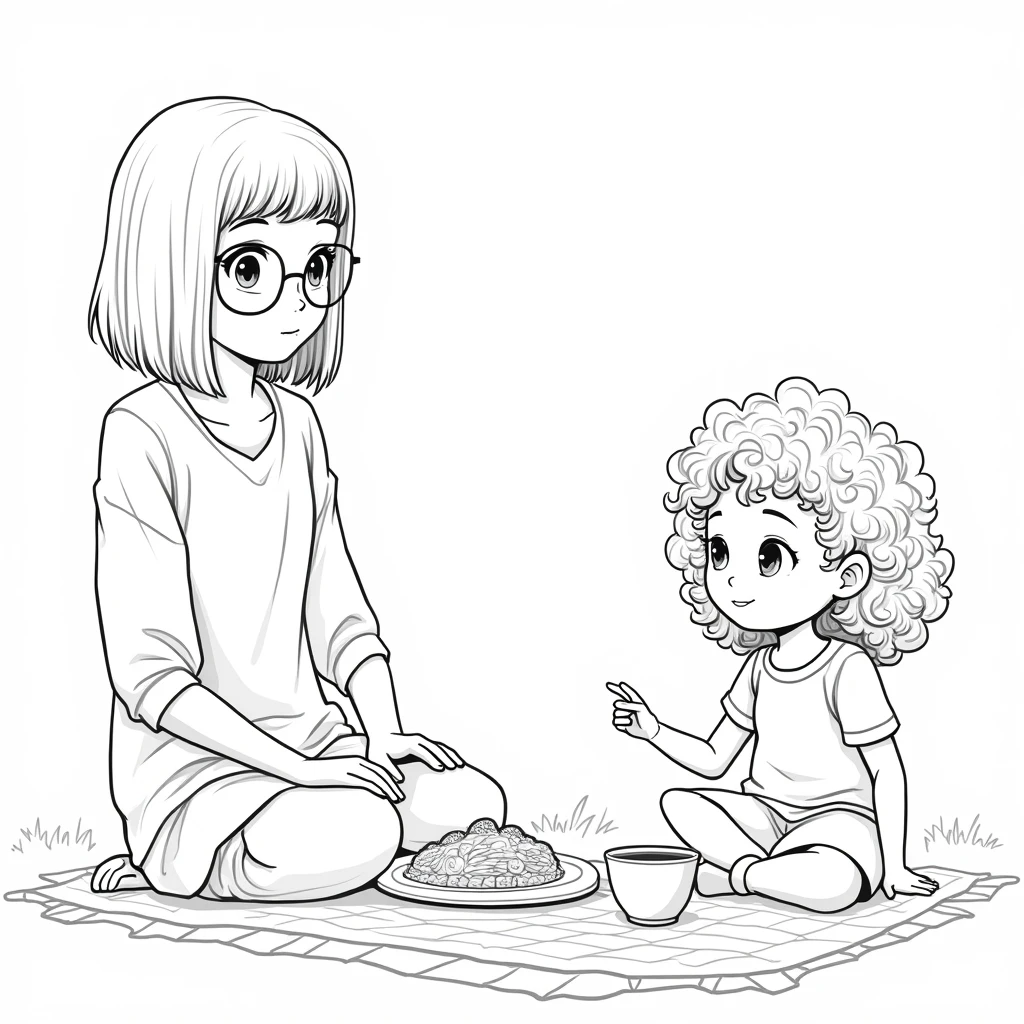 A drawing to color of two girls, one with straight hair, taller and wearing round glasses, and the other with curly hair, at a picnic.