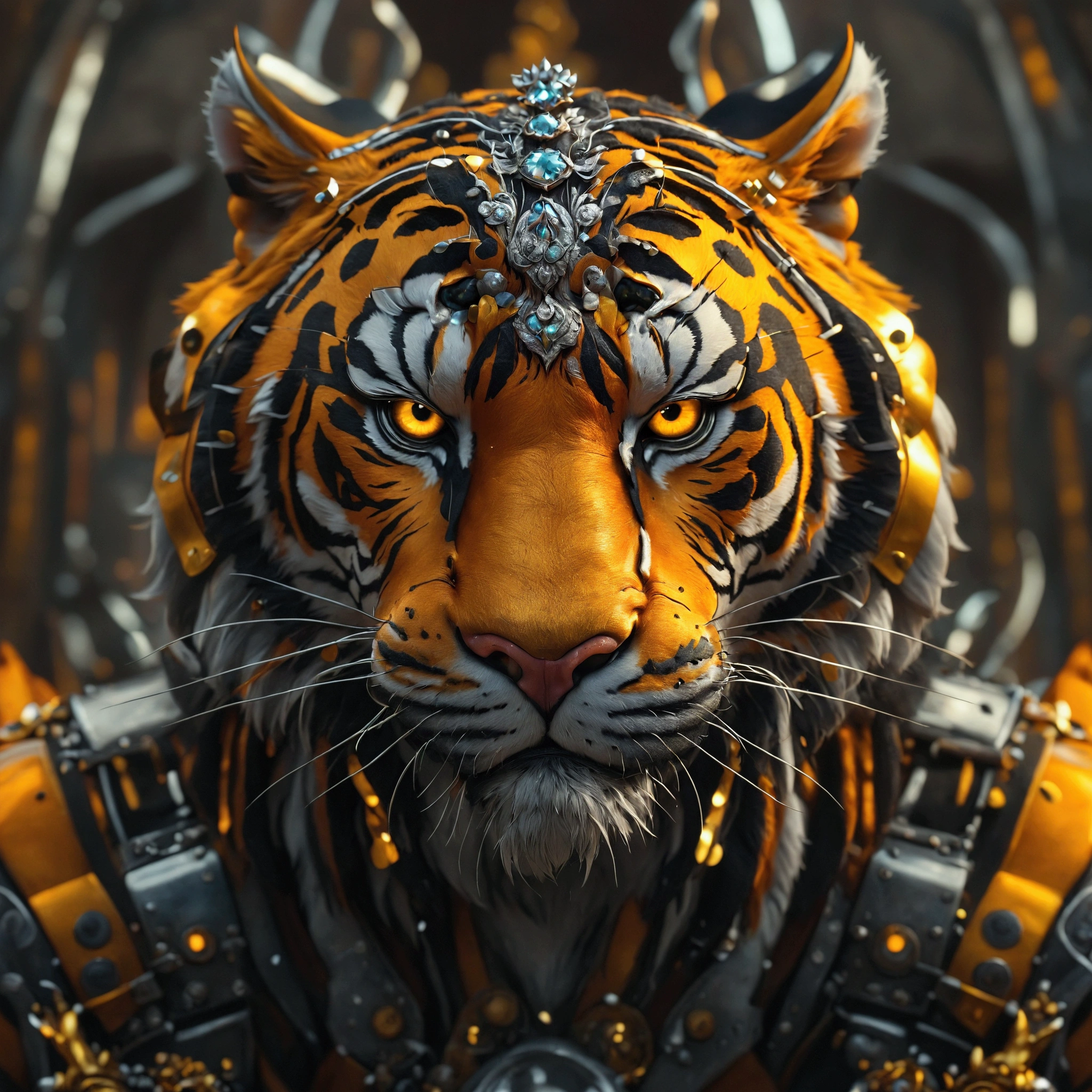 there is a tiger that is made of metal and has a crown on its head, anthropomorphic tiger, 4k highly detailed digital art, Ultra-detailed digital art, tiger_beast, Detailed digital 3D art, Ultra-detailed 3D rendering, Ultra-detailed 3D rendering, Highly detailed digital artwork, 3d rendering digital art, Intense expression 4k, tiger
