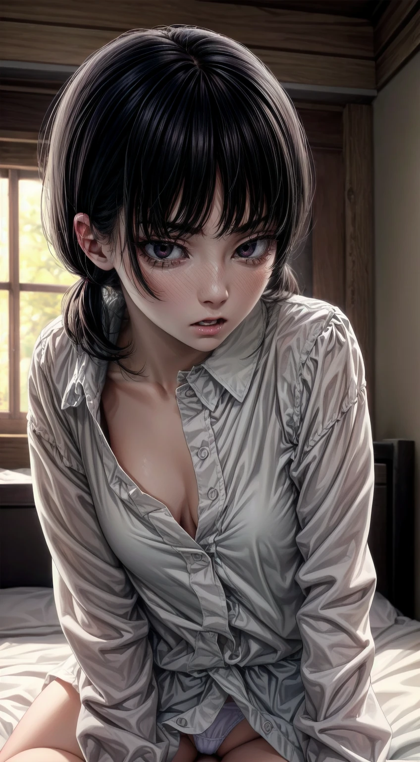 Girl lying on a bed,in white underwear,good anatomy,Best Quality,masterpiece,Whole body, girl's room,Deceptive work,black hair,black eyes,Small ,beautiful face,defined eyes,looking at the viewer, ((embarrassed, ashamed,blushing)),Closed mouth,Super detailed