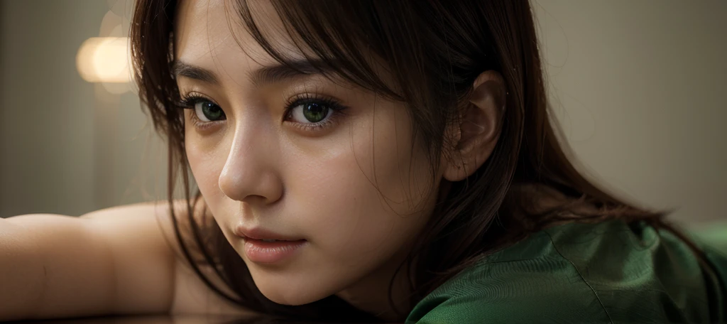 Highly Detailed Beautiful Japanese Girl, Cinematic, Cinematic Light, Realistic, Highly Detailed Face, Highly Detailed, Realistic Appearance, Lifelike, Realistic Girl, Highly Detailed Hair, medium long shot, wearing green dress