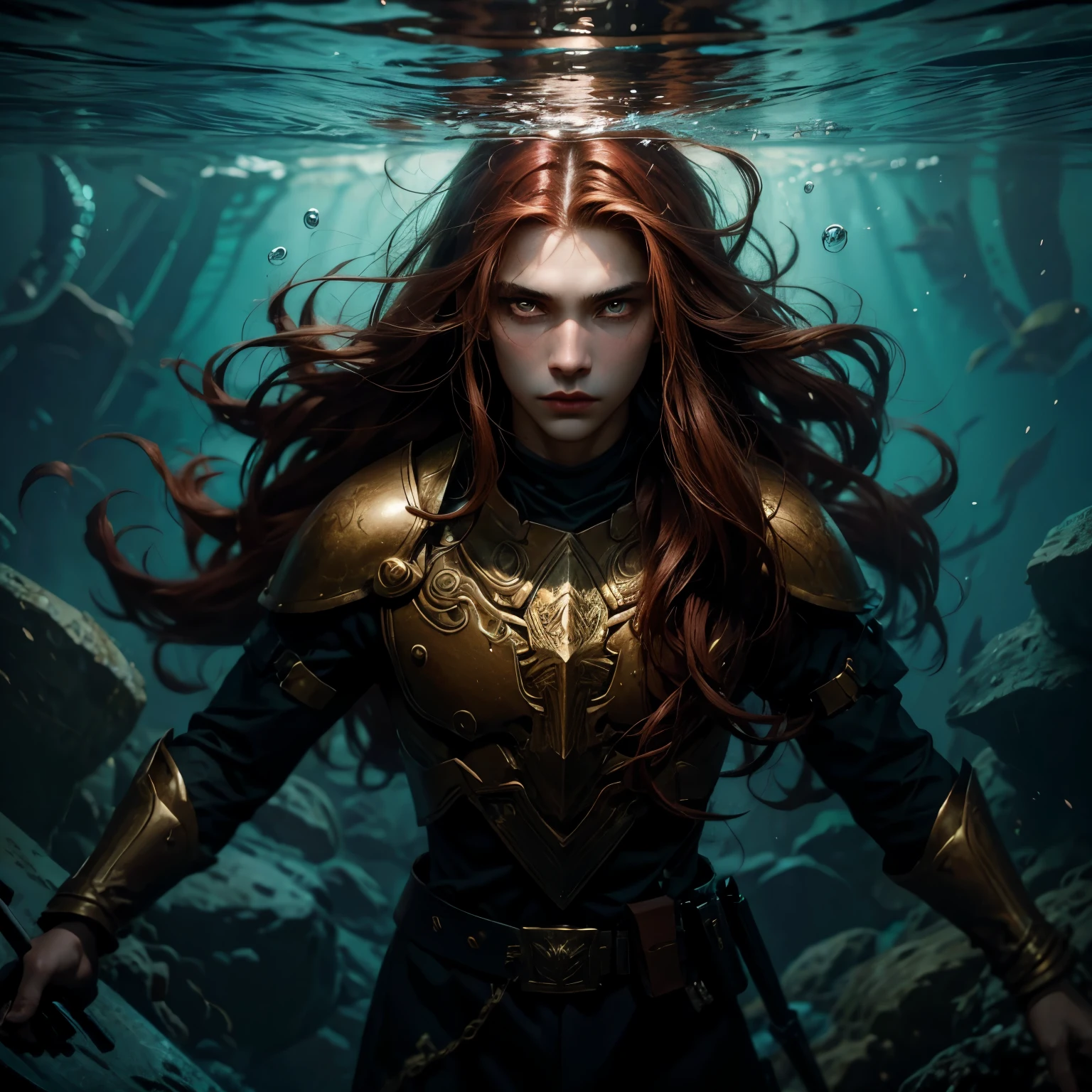 underwater scene, young tanned warrior man with long dark red hair and dark golden eyes, Dressed in black military uniform, in the depths of the ocean with floating jellyfish and bubbles, despair, agony, fantasy, masterpiece, Eastern style, Drama, a high resolution, в стиле современных художников fantasy