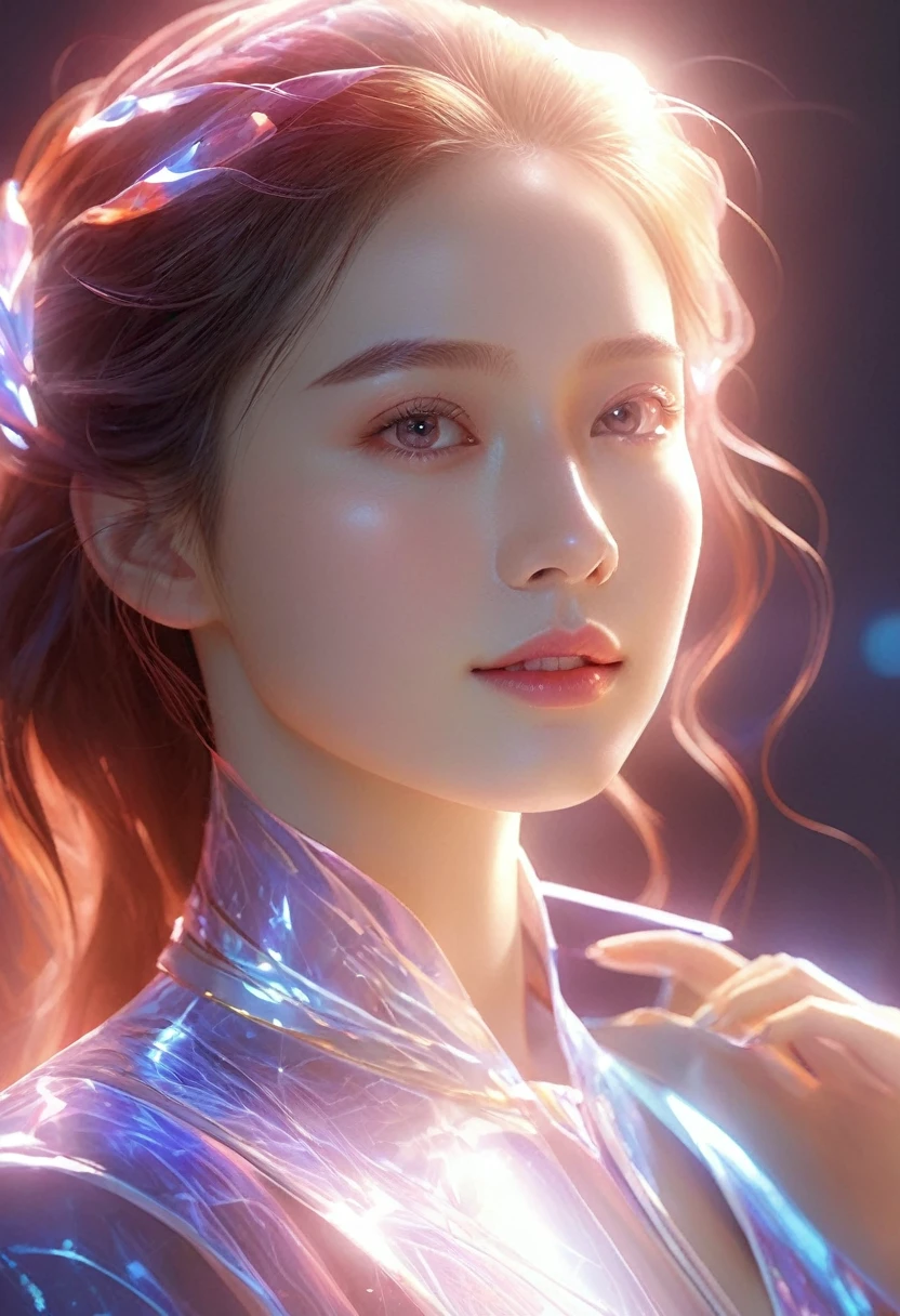 Fluorescent Color, 1 girl, Look to the side, Pretty Face, beautiful eyes, (Shoulder: 1.2), Upper Body, Shiny hair, Glowing skin, Reduce glare emissions, The fingers are in good proportion, dark, Throw, Dynamic Angle, (((Main Part))), (((Better quality))), ((Ultra Detailed)), (illustration), (Detail Light), ((Extremely exquisite and beautiful)), dramatic_shadow, Rays_track, reflection, Ultra-high resolution, laser, Red Cliff