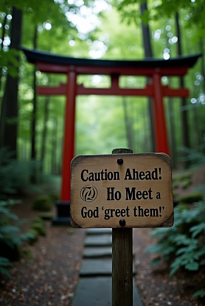 Typography sign standing at the entrance of the forest、((("Caution ahead!If you meet a god, greet them.!!"")))、Sign at the entrance of a deep forest、"Misty Forest"、Mysterious Forest、Typography sign that reads "Forest where gods dwell"、"Mountain where Japanese gods dwell"、Big red torii gate、