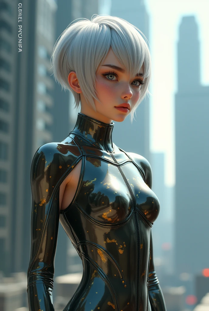 futuristic girl in camouflage latex web suit、Cute girl、layered silver gold pixie haircut、beautiful skin abdomen、Beautiful waistline、watching it in an upright posture、Inorganic skyscraper、8K, 16K、high resolution、high resolution