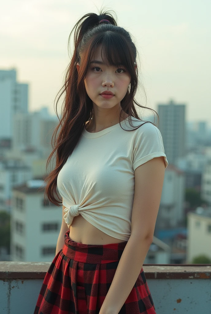 analog film photo, photo of a teenage punk, female, amber eyes, layered emo ponytail, tan complexion, Japanese ethnicity, tall stature, curvy, voluptuous hourglass figure, busty bosom, full wide hips, plump round buttocks, wearing a a knotted t-shirt and a plaid skirt, posing on a Tokyo rooftop, RAW Photograph, dslr, soft lighting, high quality, film grain, Fujifilm XT3, detailed skin with visible pores, insane details, masterpiece, 8k, 35mm photograph, dslr, kodachrome, faded film, desaturated, grainy, vintage, Lomography, stained, highly detailed, found footage, close-up shot