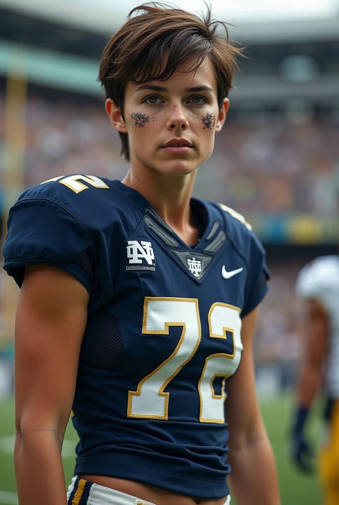 A photo of Kasey Barrett, a running back for the female Notre Dame Fighting Irish football team. Number 72. Brunette pixie cut