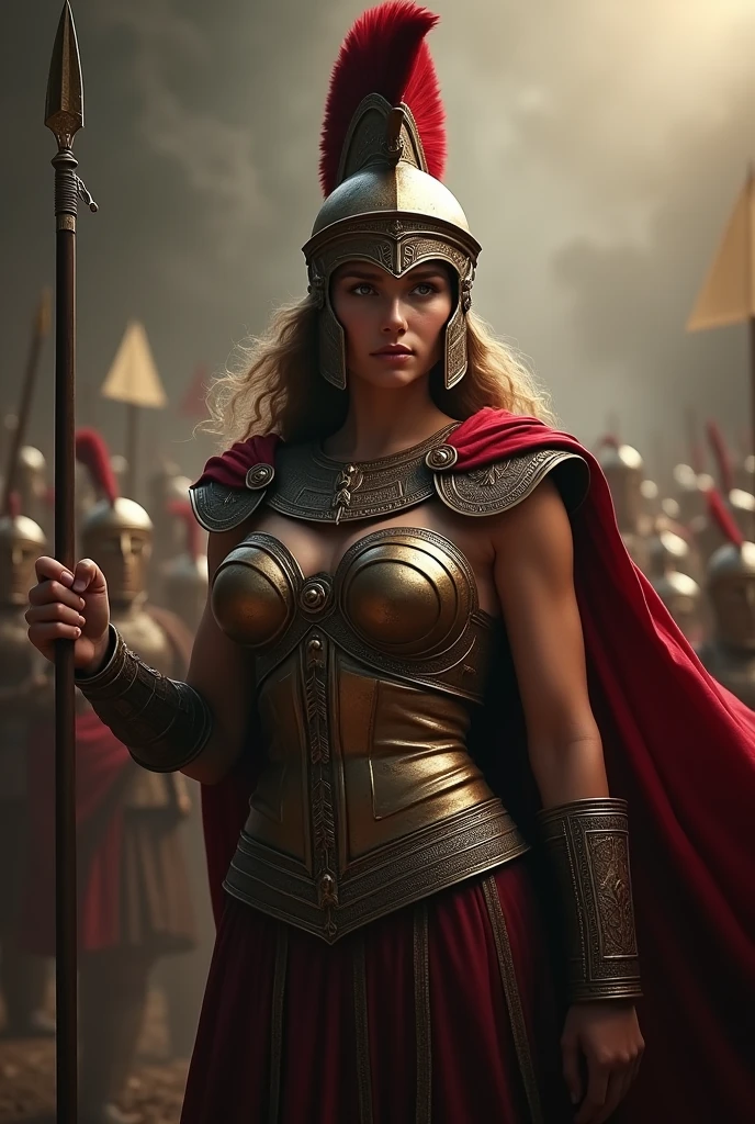 1girl,hoplite,greek warrior,detailed armor,spear,shield,Corinthian helmet,flowing cape,determined expression,beautiful detailed eyes,beautiful detailed lips,extremely detailed face and skin,chiaroscuro lighting,dramatic scene,intricate details,epic,photorealistic,hyper detailed,cinematic,masterpiece,8k,high resolution