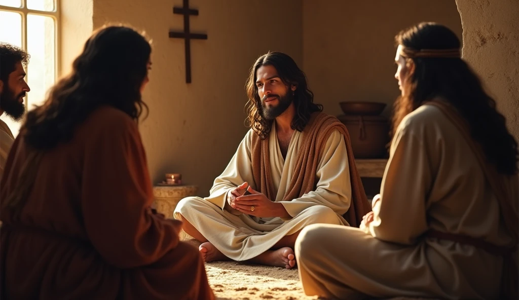 Realistic Jesus Christ talking to people at home.