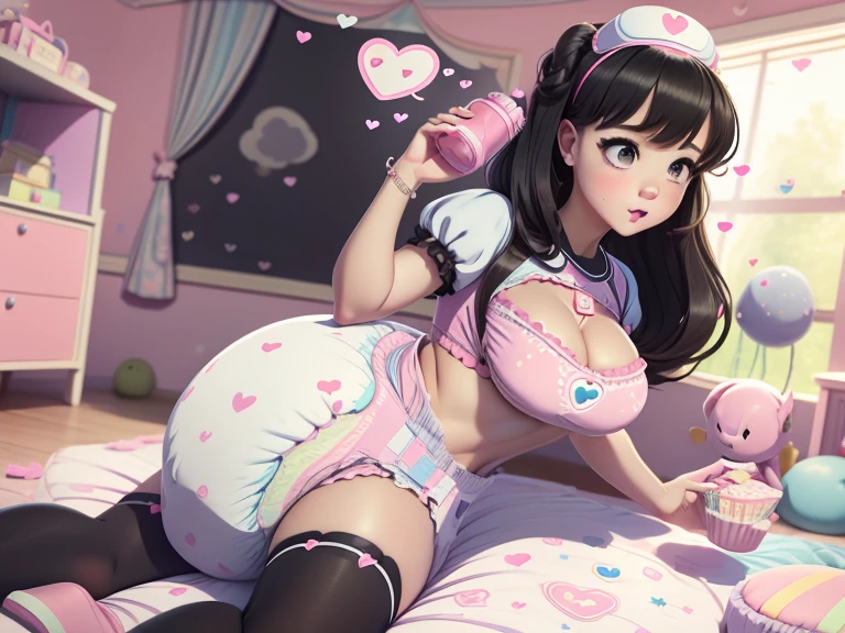 A confident mommydom wearing a big bulbous puffy diaper, heart emojis, bedroom, fishnet stockings, pretty eyes, seductive, flirty, colorful, puffy dress,  room, diapers, confetti, cake,Black Silk,Trojans,Maid costume,The girl is drinking from the bottle and holding a baby toy,She is wearing a nurse's uniform.