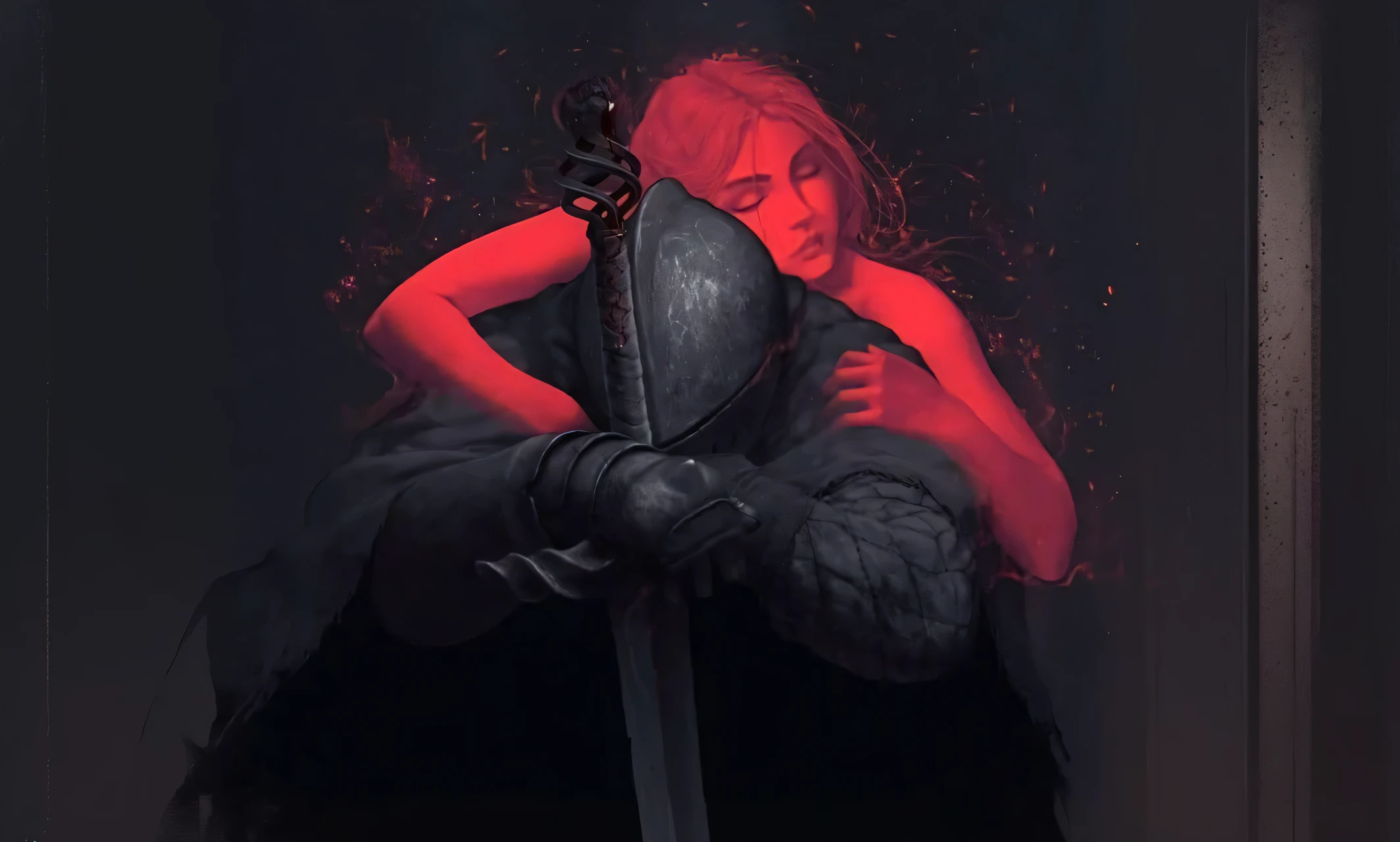 There is a woman with a sword in her hands, in a dark fantasy art style, anato finnstark and alena aenami, Lt. Adam Marczyński, dark fantasy style art, yuri shwedoff y tom bagshaw, but the armor covers his face, Lt. Ignacy Witkiewicz, Neoartcore y Charlie Bowater
