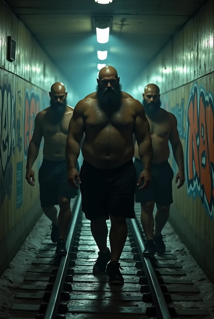 Dark subway tracks, 90s with graffiti, 3 men without hair and with beards walking that we can't see their faces or many features, sportswear, one of them must weigh over 120 kilos the other two in good physical condition, that says MAD RED on a wall, write in text, Last Station