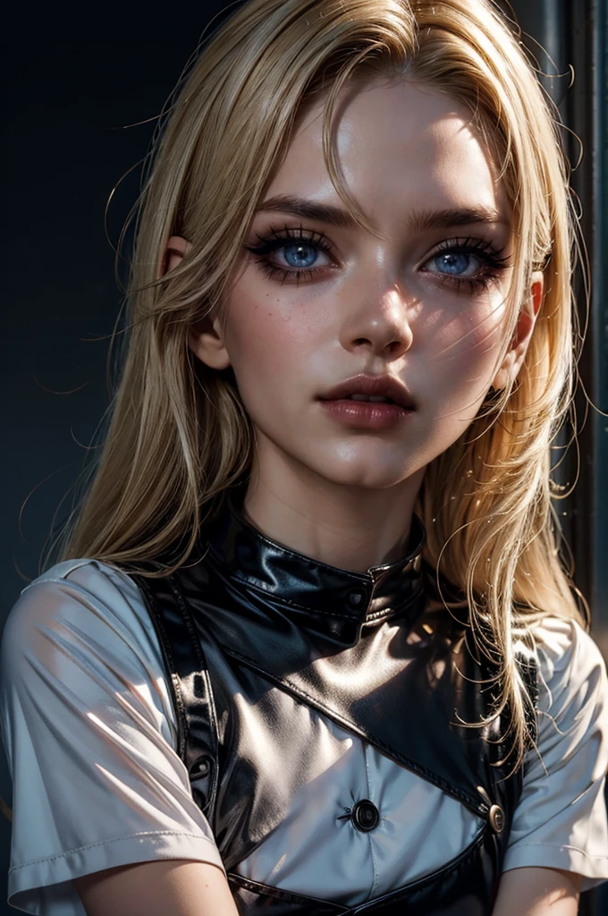 cowboy shot,a pretty 21 year old girl,blond hair,blue eyes,lora_Emma,slim athletic body,tight and stretched white blouse with buttons,button gap,short sleeves,pokies,ultra low rise black shiny pvc pants,vnylpvc,metal belt,empty studio,(best quality,4k,8k,highres,masterpiece:1.2),ultra-detailed,(realistic,photorealistic,photo-realistic:1.37),dramatic lighting,cinematic,fashion photography,studio lighting,high contrast,vivid colors,beautiful detailed eyes,beautiful detailed lips,extremely detailed eyes and face,long eyelashes, touching hair