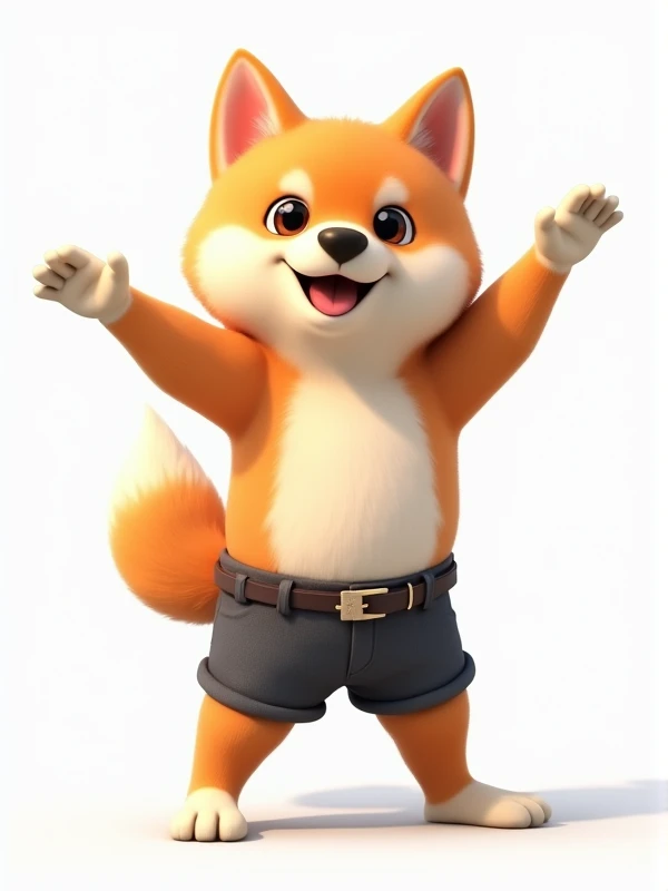 He's a Shiba Inu dancer、Cool pose、He has the cutest appearance in the world.、Background is white、Bipedal、looking at the camera、More realistic Shiba Inu、Have them wear stylish shorts.、Hands spread out on both sides、Make it look more like a real Shiba Inu、A little more childish