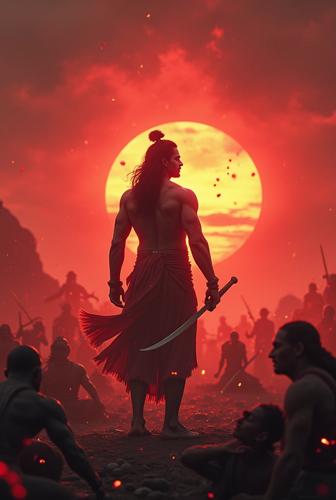 As the sun dipped below the horizon, casting a blood-red hue over the battlefield of Kurukshetra, Lord Krishna stood amidst the carnage with an aura of divine intensity. The evening sky mirrored the chaos of the war, where countless Kauravas had met their end under the relentless onslaught. The air was thick with the echoes of clashing weapons and the cries of fallen warriors. Amidst this chaos, Krishna's presence seemed both serene and formidable, his gaze fixed upon the unfolding drama of fate and dharma with 10packs Krishna