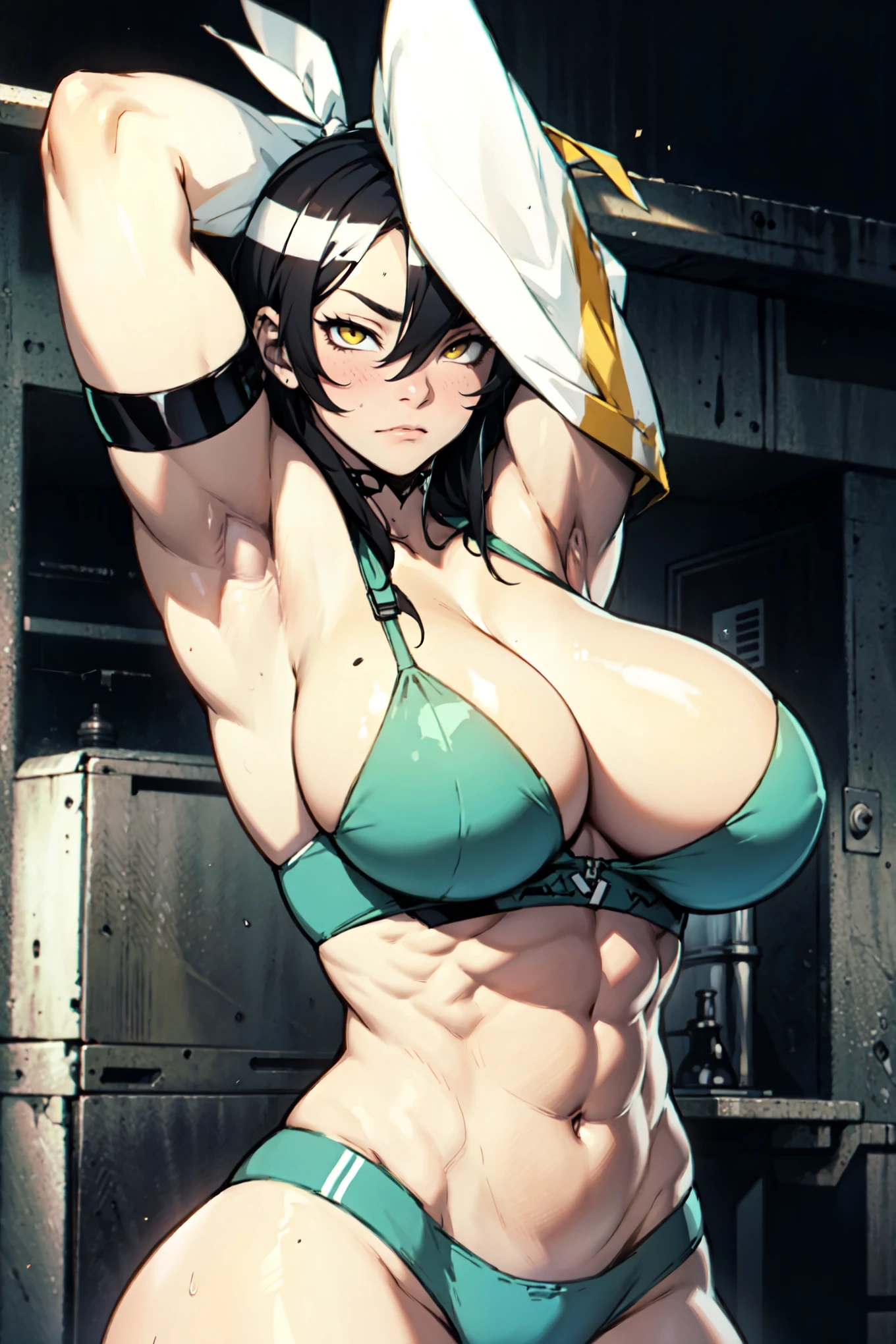 empty eyes embarrassed girl female huge breasts breasts pale skin 1girl muscular toned body huge breasts thick thighs black hair yellow eyes bodybuilder
