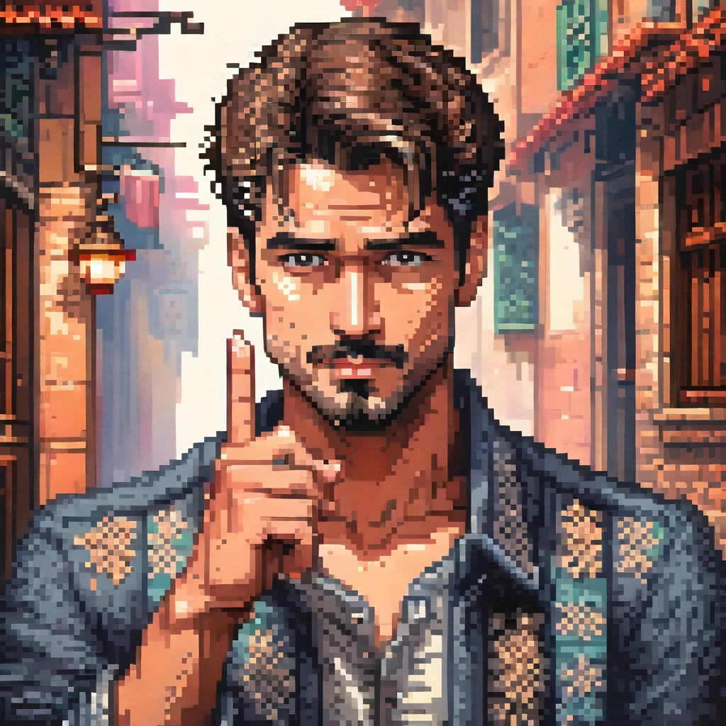 A handsome man making the silence hand sign with the pinky finger of his right hand, in a pixel art style, detailed , best quality, masterpiece, ultra intricate detailed, high detailsone, in a pixel art style, detailed , best quality, masterpiece, ultra intricate detailed, high detailsone