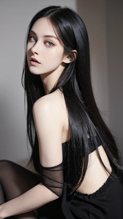 full body masterpiece, ultra realistic, 16k, high quality, incredibly detailed, dream aesthetic, dream atmosphere, cinematic, (sharp focus : 1.5), (photorealistic : 1.3), gothic (Gorgeous gothic girl), Liz Vicius, defined jaw, square face, wonderful gothic girl (enchanting seductress), cinematic, detailed, 16k sharp focus, realistic. wonderful. Seductive (evil). black hair (realistic texture), highlighted, silky and shiny hair, detailed hair (realistic), (natural). wonderful detailed face (enchanting seductress). blushed cheekbones (rosy cheeks), tanned skin, (white skin) alabaster skin that seems to glow ethereally. Her attire is gothic. Voluptuous shape. turquoise blue eyes (evil eyes look). a symmetrical face ::2 gothic clothes + ArtStation Trends + fantasy art + realistic cloth + fractals in the background, loose hair --aspect 9:21 – enhance your unearthly beauty. realistic skin texture, pale white skin illuminated. realistic perfect shading. absurd, realistic textures. alone, alone, 1 girl. Looking at the viewer. muscular female body, hot body, toned body, defined muscles. big natural breasts, cleavage. pantyhose, gothic (black) dress (realistic texture). In different positions at different angles. Bedroom background. incredibly real, best quality, photorealistic.