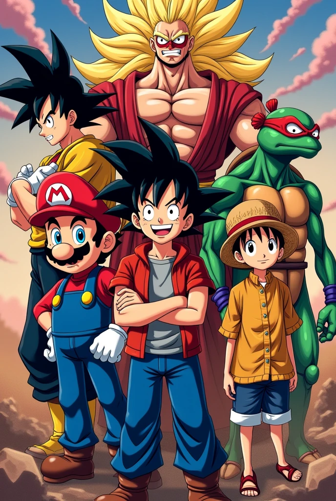 Super Mario, Super Sajajin, Raffael from the Ninja Turtles, monkey D.Ruffy, as a group photo