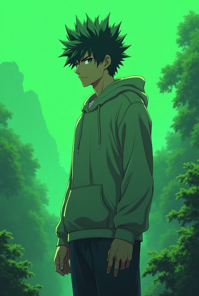 Anime character make
TALL HEIGHT AND SPIKEl HAIR
BODY wear a hoodie and Background green