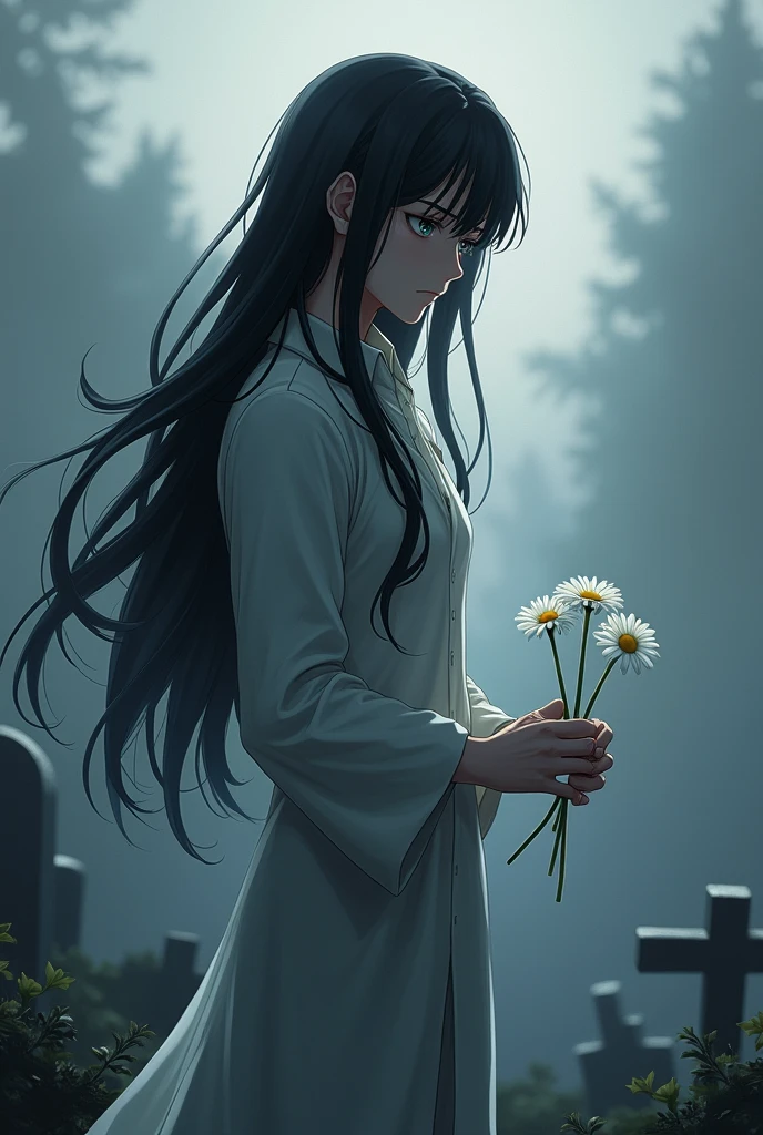 Guy long black hair, stands near the grave, there is a sad smile on the face, three daisies in hands, grey eyes, Beautiful skinny body, Beautiful face, anime art, masterpiece, realistically