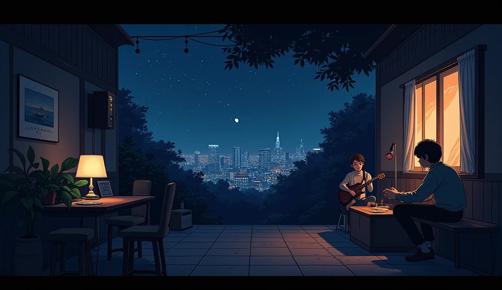 LOFI,night、A large number of records、indirect lighting、JAZZ、Anime Style