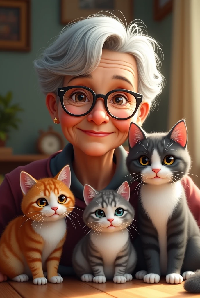 grandmother with short hair and brown skin with glasses, with 3 cats, a tabby, a tri-colored and another gray with white