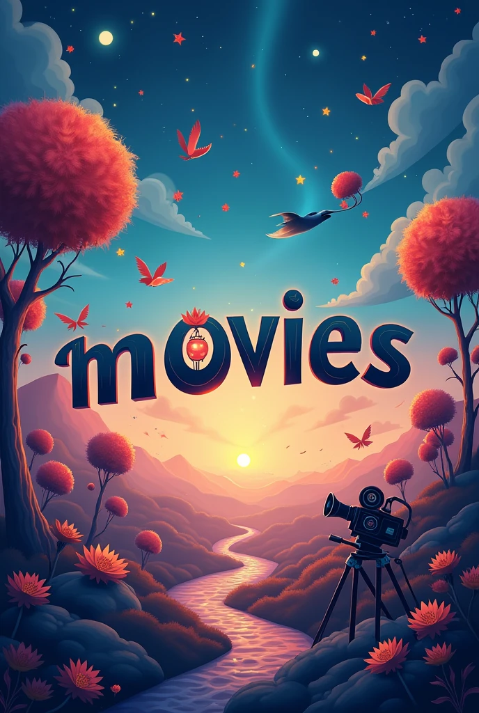 A logo-type image with the name "movies" . The image must have things related to the theme and be beautiful., fly away , animation time