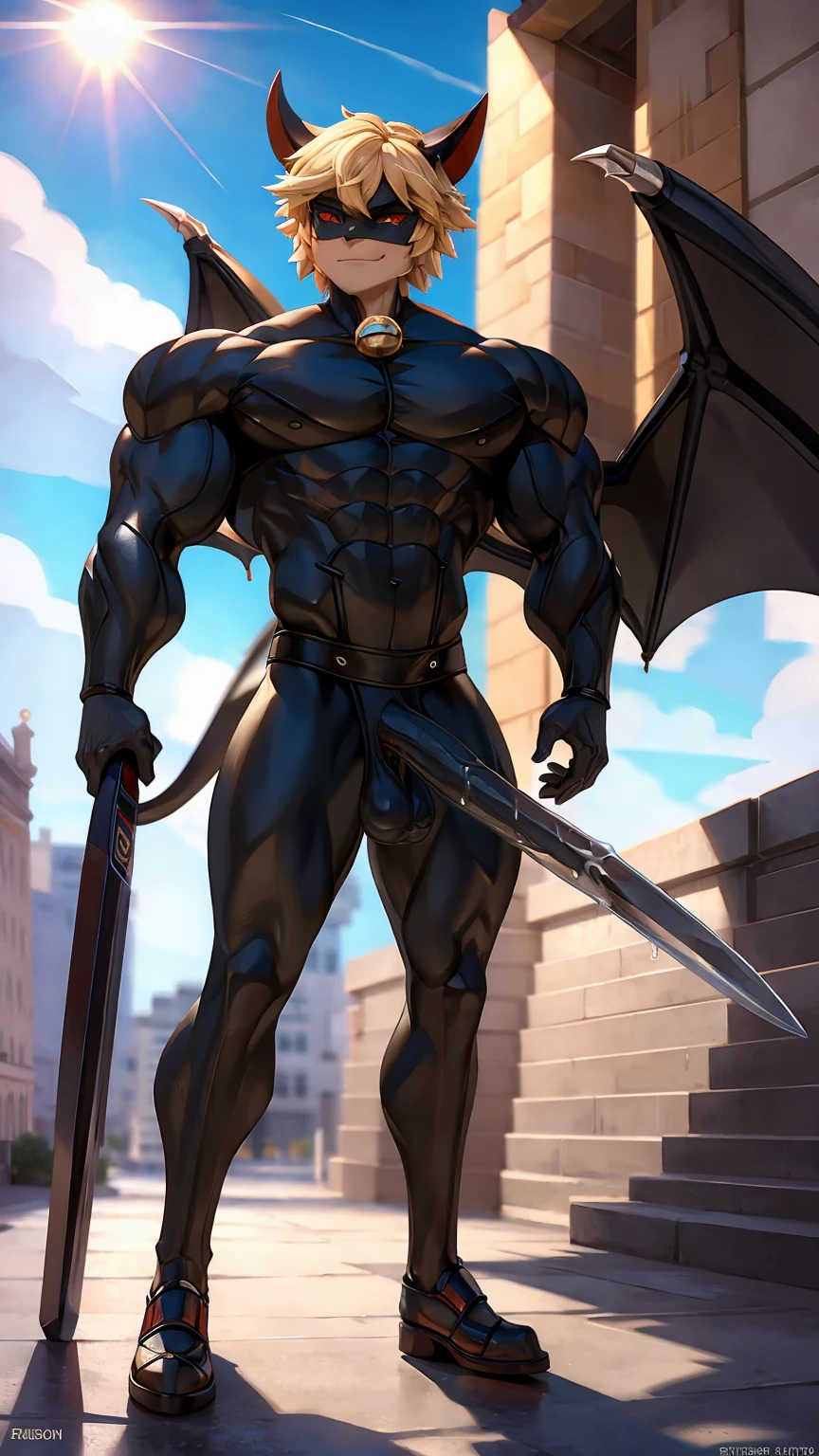 Huge muscles,Devilish wings,Devilish horns,Clear liquid dripping from penis,black costume,Huge erect penis,Ready your weapon,Wearing an evil aura,Bathed in the morning sun