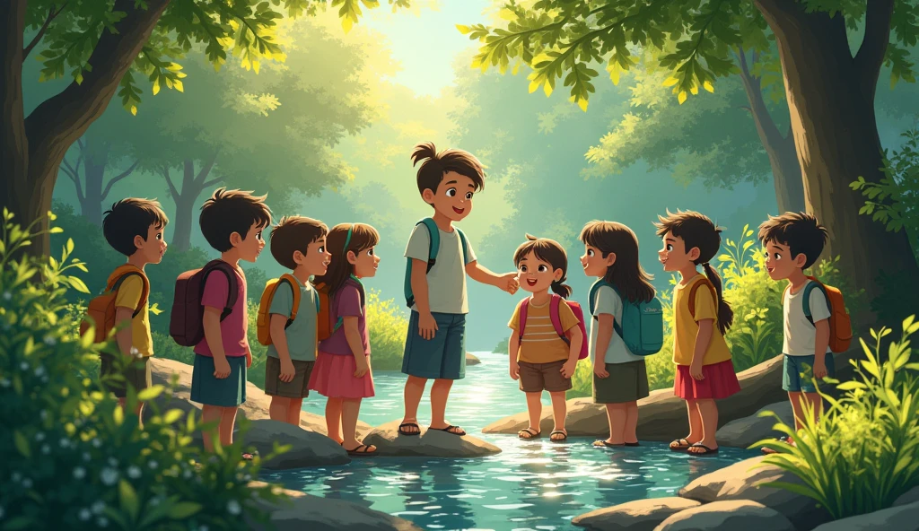 The group takes a short break at a clearing, where they gather around a sparkling stream. The teacher smiles and asks, “Who’s ready to count even higher?”