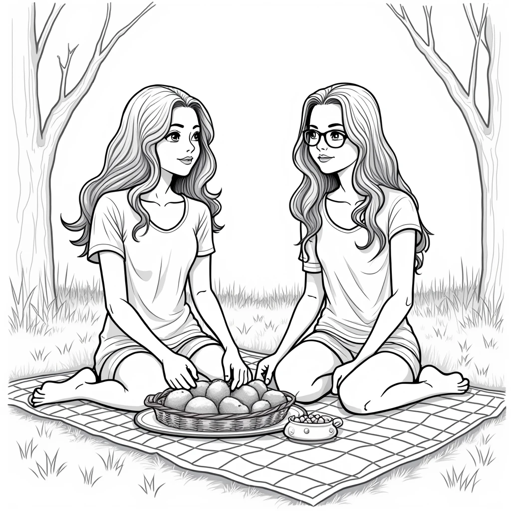 A drawing to color of two girls, one with straight hair, taller and with round glasses, and the other with curly hair, on a picnic. They are girlfriends and are in a park on a beautiful day.